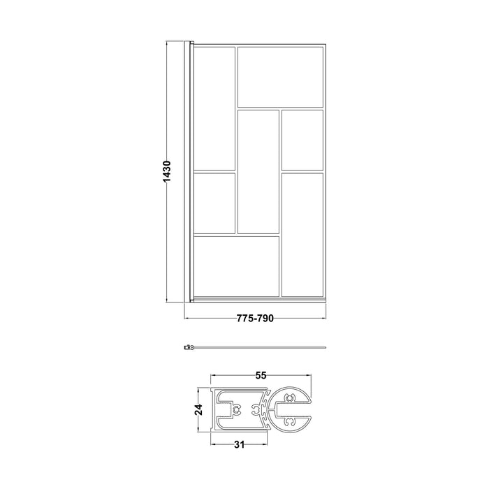 [BBSCSQBB] Balterley Abstract Modern Square 6mm Toughened Safety Glass Reversible Shower Bath Screen - Black - Technical Drawing