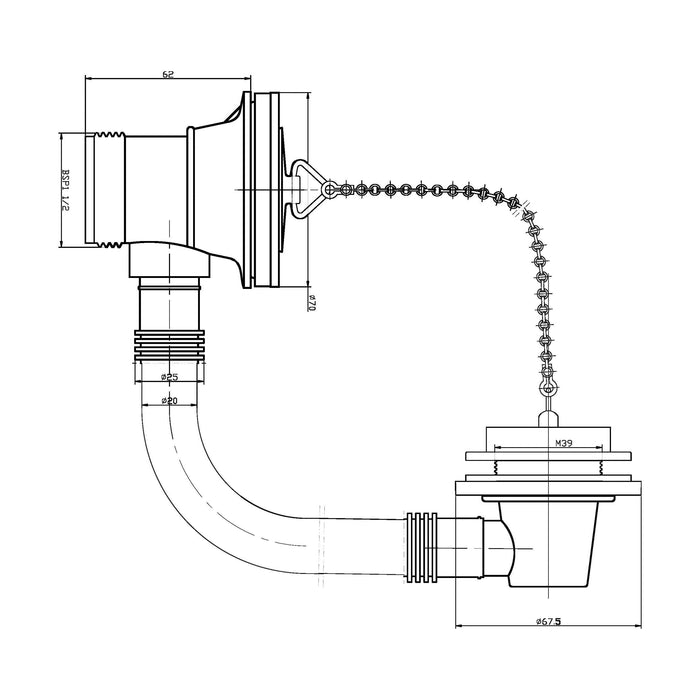 [BASB396] Balterley Bath Waste with Overflow, Poly Plug & Ball Chain, for Baths up to 5mm - Chrome Finish - Technical Drawing