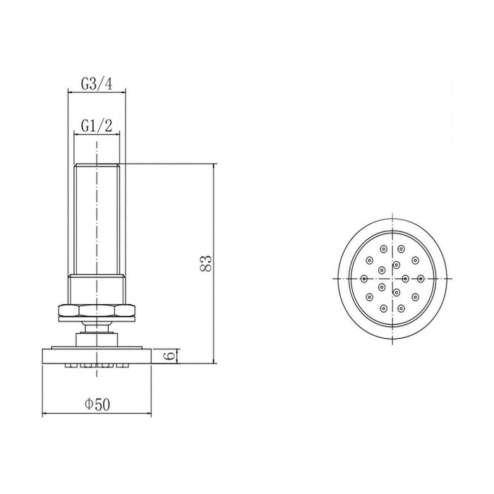 [BB9335] Balterley Bathroom Adjustable Round Body Jet Solid Brass Construction, 10.5 cm Diameter - Chrome Finish - Technical Drawing