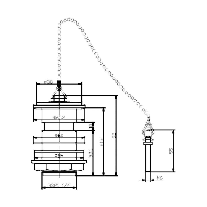 [BASW395] Balterley Ceramic Basin Waste with Brass Plug & Brass Chain, Slotted Design - Chrome Finish - Technical Drawing