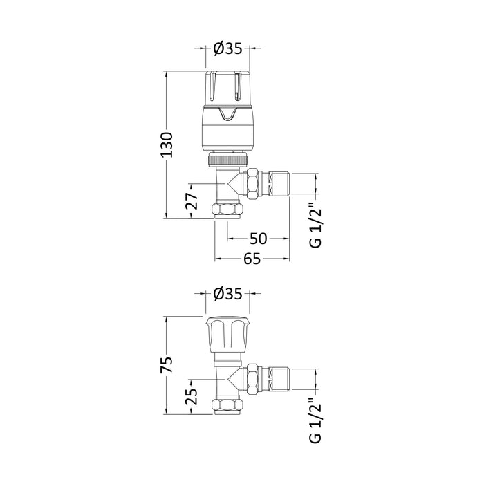 [BHRV326] Balterley Contemporary Angled Thermostatic Radiator Valves (Pairs) - Chrome - Technical Drawing