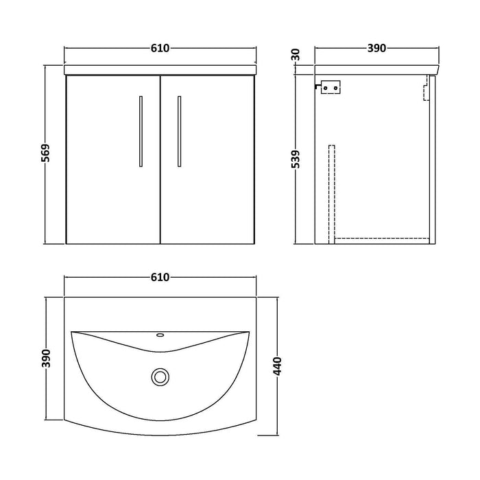 [BFLE123G] Balterley  Contemporary Bathroom 2-Door Wall-Hung Curved Basin Vanity Unit, Gloss White, 600mm - Technical Drawing