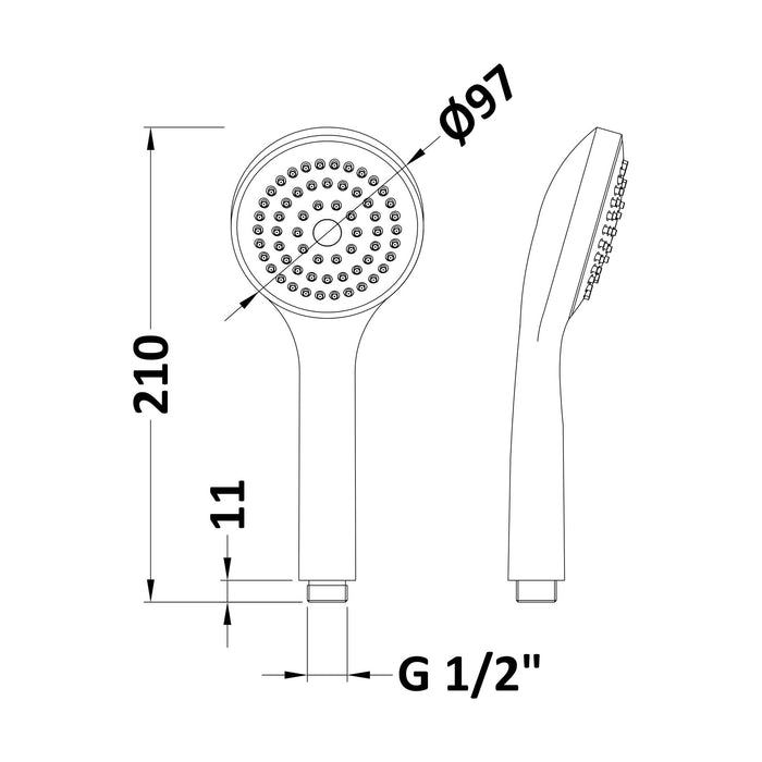 [BSHS302] Balterley Contemporary Round Easy Clean Single Function Shower Handset - Chrome - Technical Drawing