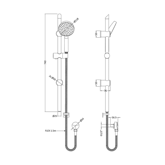[BSSR004] Balterley Contemporary Round Slide Rail Shower Kit with Single Function Head and Outlet Elbow - Chrome - Technical Drawing