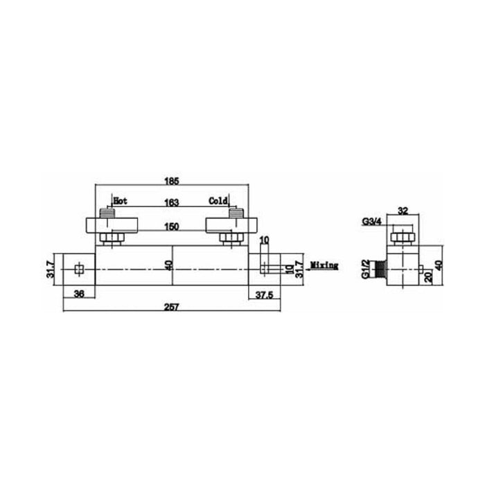[BSBV316] Balterley Contemporary Square Thermostatic Shower Bar Valve 1 Outlet - Chrome - Technical Drawing