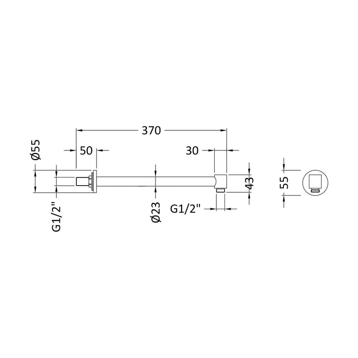 [BSSA003] Balterley Contemporary Wall Mount Round Shower Arm - 328mm - Chrome - Technical Drawing