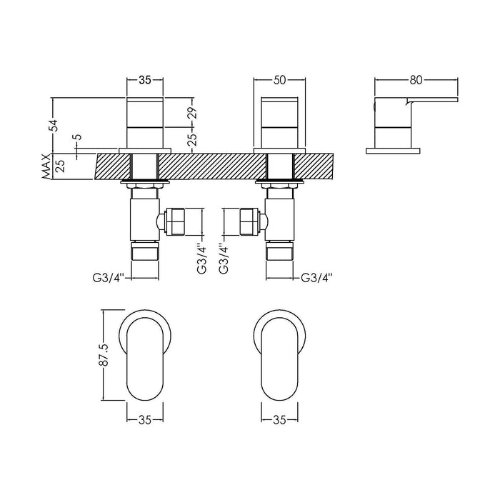 [BTCU308] Balterley Current Modern Round Deck Mounted 3/4" Side Valves with Round Levers - Polished Chrome Finish - Technical Drawing
