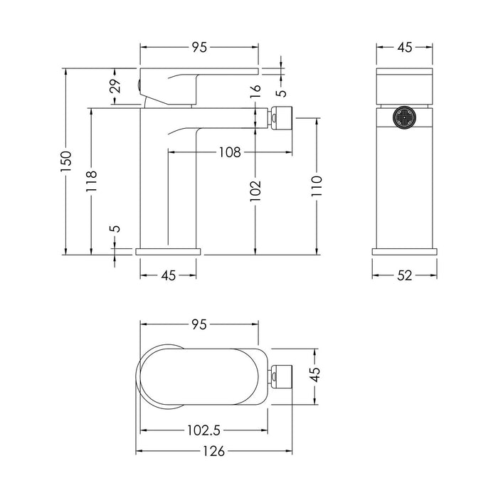 [BTCU306] Balterley Current Modern Round Mono Bidet Mixer Tap with Pop-Up Waste & Flat Spout - Polished Chrome Finish - Technical Drawing