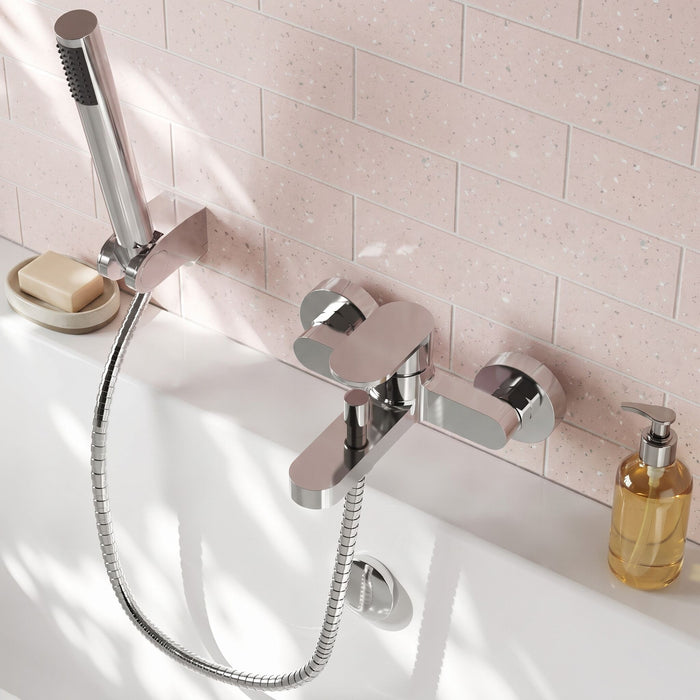 [BTCU316] Balterley Current Modern Wall Mount Round Bath Shower Mixer Tap with Flat Spout & Shower Kit - Chrome Finish - Lifestyle 2