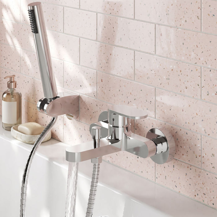 [BTCU316] Balterley Current Modern Wall Mount Round Bath Shower Mixer Tap with Flat Spout & Shower Kit - Chrome Finish - Lifestyle 3