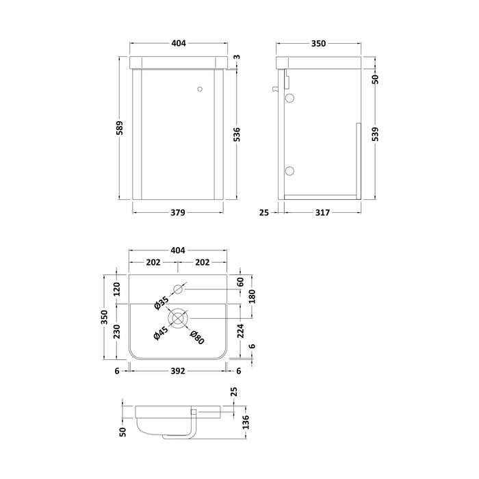 [BFCU10116] Balterley Curve Contemporary Bathroom Wall Hung 1-Door Vanity Unit & Ceramic Basin, Gloss White, 379 mm - Technical Drawing