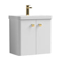 [BFCU1053] Balterley Curve Modern Bathroom Wall Hung 2 Door Vanity Unit Basin, Gloss White/Brushed Brass, 579mm - Cutout