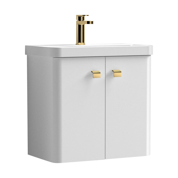[BFCU1053] Balterley Curve Modern Bathroom Wall Hung 2 Door Vanity Unit Basin, Gloss White/Brushed Brass, 579mm - Cutout
