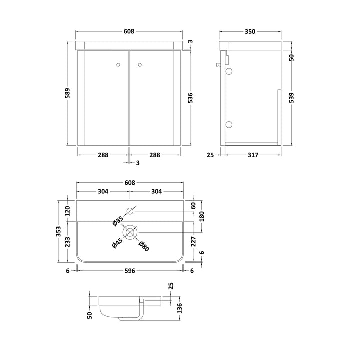 [BFCU10533] Balterley Curve Modern Bathroom Wall Hung 2 Door Vanity Unit Basin, Gloss White/Chrome, 579mm - Technical Drawing