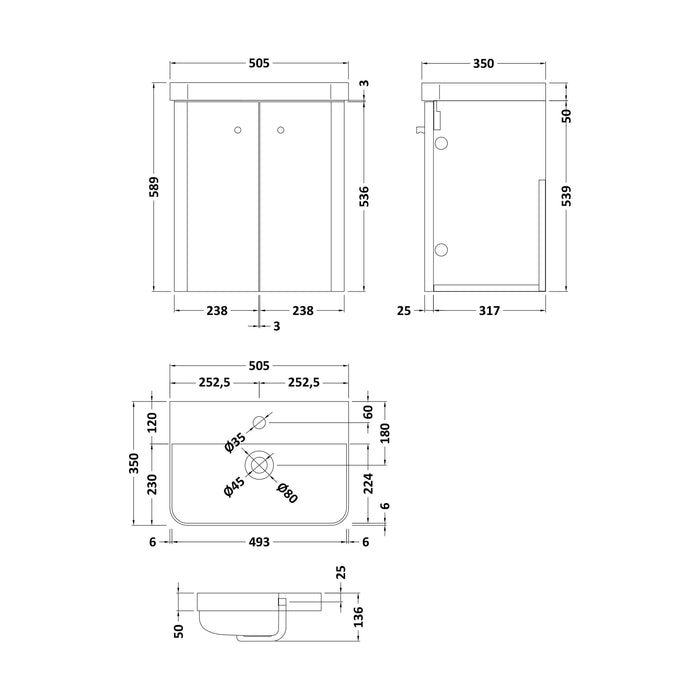 [BFCU1035] Balterley Curve Modern Bathroom Wall Hung 2 Door Vanity Unit Basin, Gloss White/Matt Black, 479mm - Technical Drawing