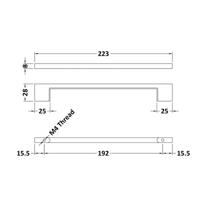 [BFHH716] Balterley D-Handle 192 mm High Quality Furniture Handle with Luxury Brushed Pewter Finish, Cupboard Drawer Pull - Technical Drawing