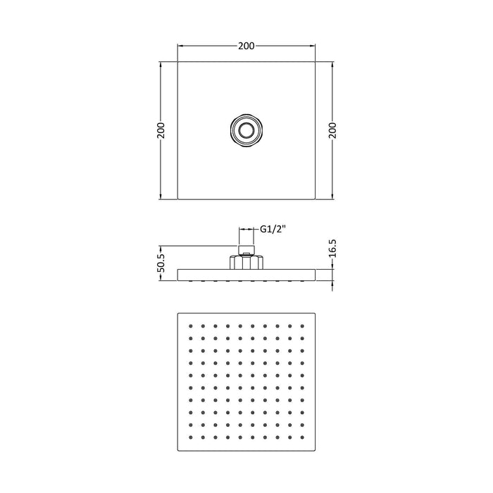 [BSSH050] Balterley Empire Square Easyclean Fixed Shower Head 200mm, Modern Design, High Flow - Chrome Finish - Technical Drawing
