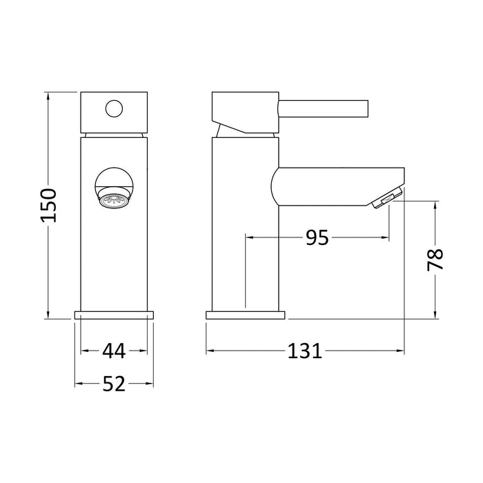 [BTEV318] Balterley Evian Minimalist Round Mono Basin Mixer Tap & Push Button Waste - Chrome - Technical Drawing
