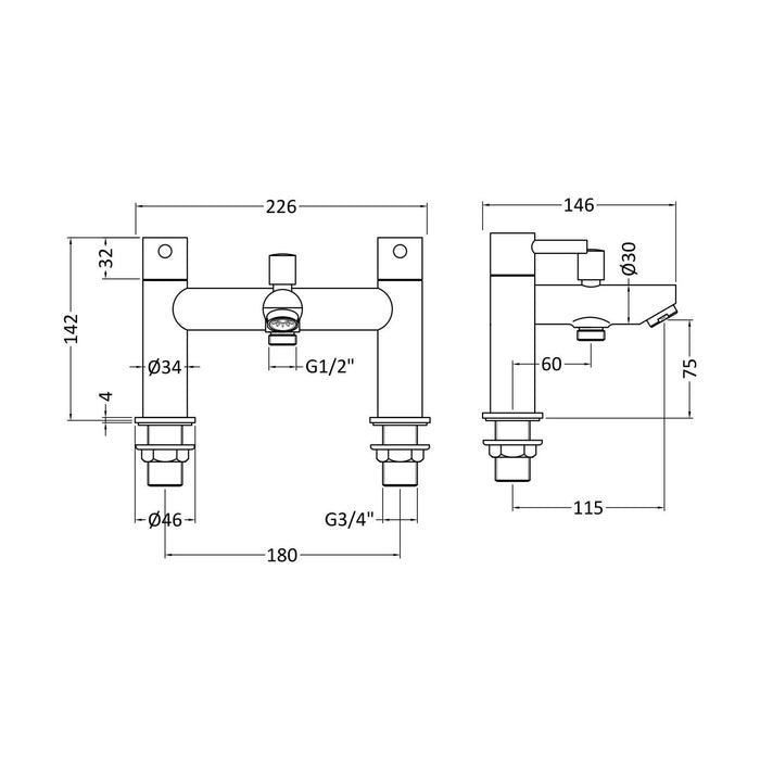 [BTEV314] Balterley Evian Round Deck Mounted Bath Shower Mixer Tap with Shower Kit - Chrome - Technical Drawing