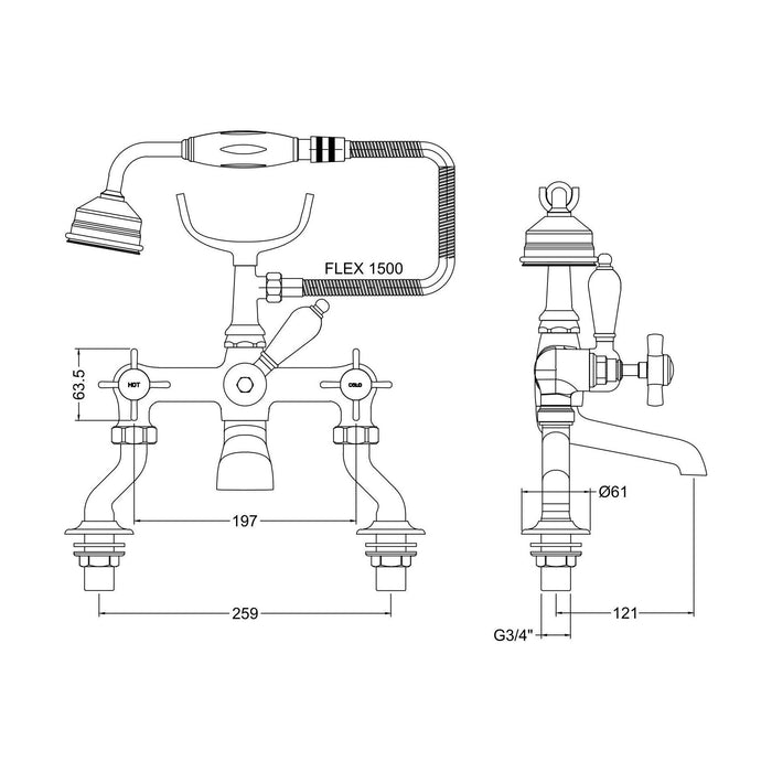 [BTKI803X] Balterley Hanchurch Bath Shower Mixer Tap - Chrome or Brushed Brass - Technical Drawing