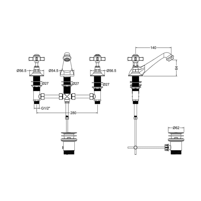 [BTKI307X] Balterley Hanchurch Traditional 3 Tap Hole Basin Tap - Chrome or Brushed Brass - Technical Drawing