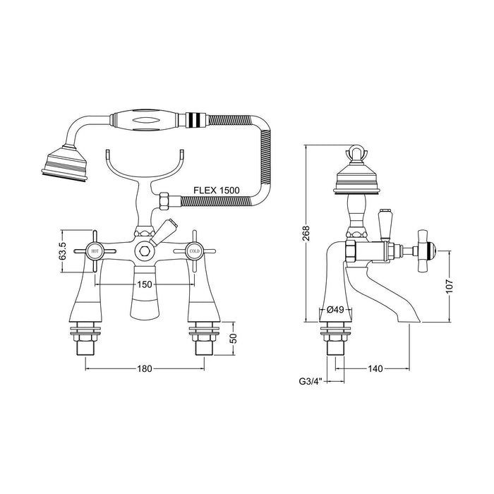 [BTKI304X] Balterley Hanchurch Traditional Bath Shower Mixer Tap with Shower Kit - Chrome or Brushed Brass - Technical Drawing