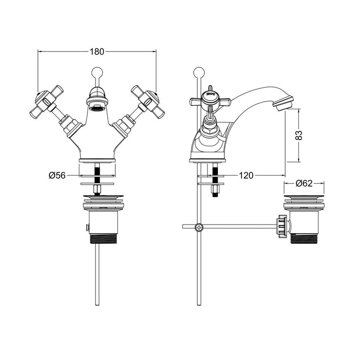 [BTKI305X] Balterley Hanchurch Traditional Mono Basin Mixer Tap - Chrome or Brushed Brass - Technical Drawing
