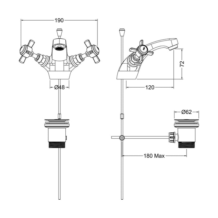 [BTKI845X] Balterley Hanchurch Traditional Mono Basin Mixer Tap - Chrome or Brushed Brass - Technical Drawing