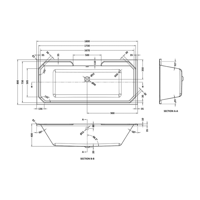 [BBHA114] Balterley Harrington Traditional Straight Double Ended Shower Bath Tub, 1800mm x 800mm - White - Technical Drawing