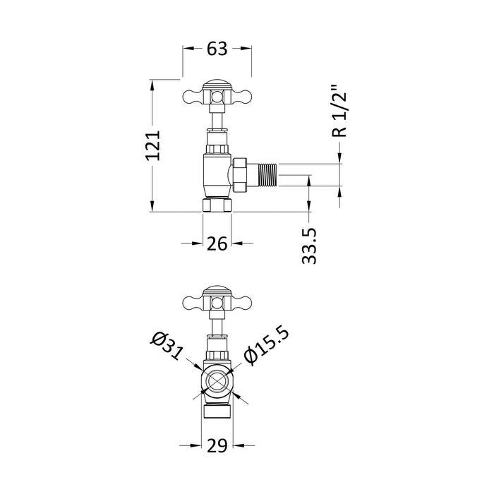 [BHRV300] Balterley Heating Accessories Angled Radiator Valve Pack (Pairs) - Chrome - Technical Drawing