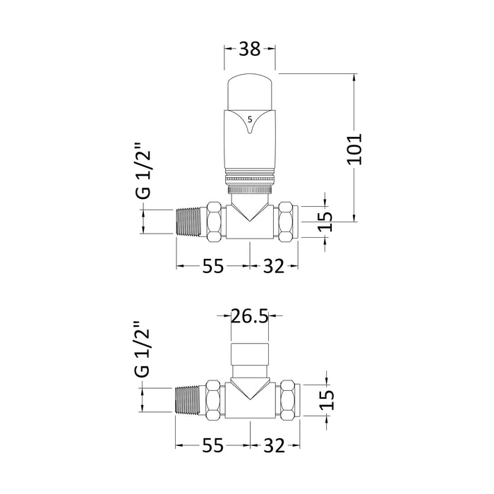 [BHRV316] Balterley Lucia Contemporary Luxury Straight Thermostatic Radiator Valves (Pairs) - Chrome - Technical Drawing