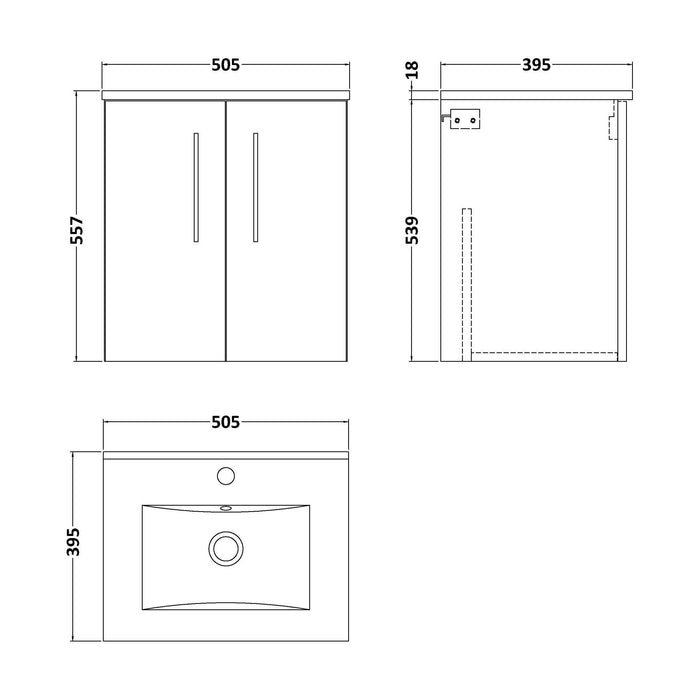 [BFLE121B] Balterley  Modern Bathroom 2 Soft Close Door & Minimalist Wall Hung Vanity Unit Basin, Gloss White, 345mm - Technical Drawing