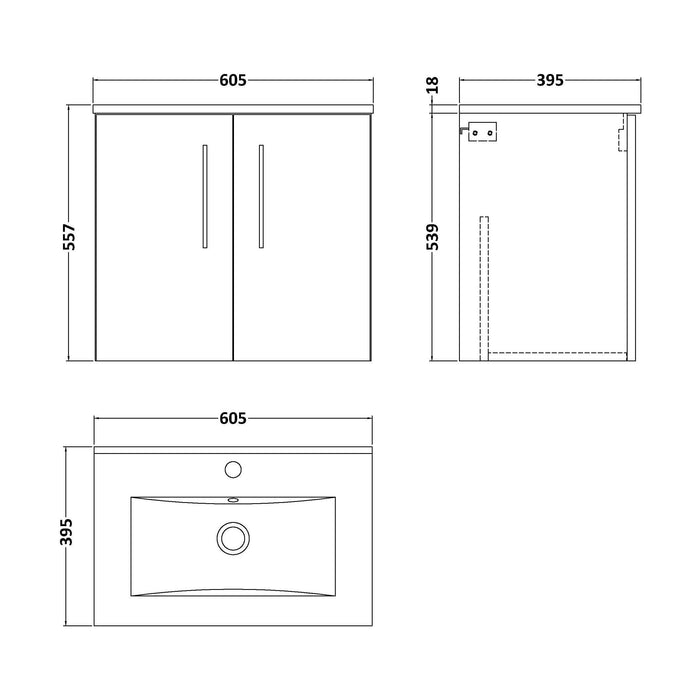 [BFLE123B] Balterley  Modern Bathroom 2 Soft Close Door & Minimalist Wall Hung Vanity Unit Basin, Gloss White, 440mm - Technical Drawing