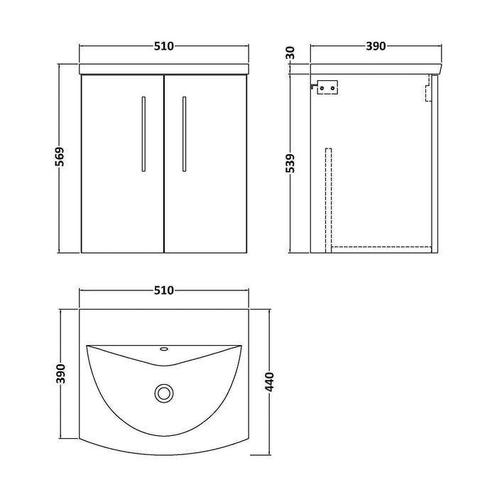 [BFLE2221G] Balterley  Modern Bathroom Wall Hung 2 Soft Close Door Vanity Unit & Curved Basin, Satin Grey, 500mm - Technical Drawing
