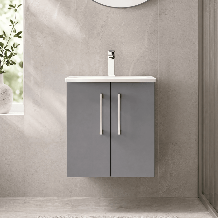 [BFLE2221G] Balterley  Modern Bathroom Wall Hung 2 Soft Close Door Vanity Unit & Curved Basin, Satin Grey, 500mm - Lifestyle 1