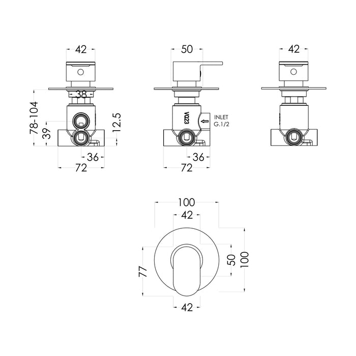 [BSCUWD14] Balterley Modern Concealed Lever Handle 2/3/4 Way Shower Diverter Valve - Polished Chrome Finish - Technical Drawing