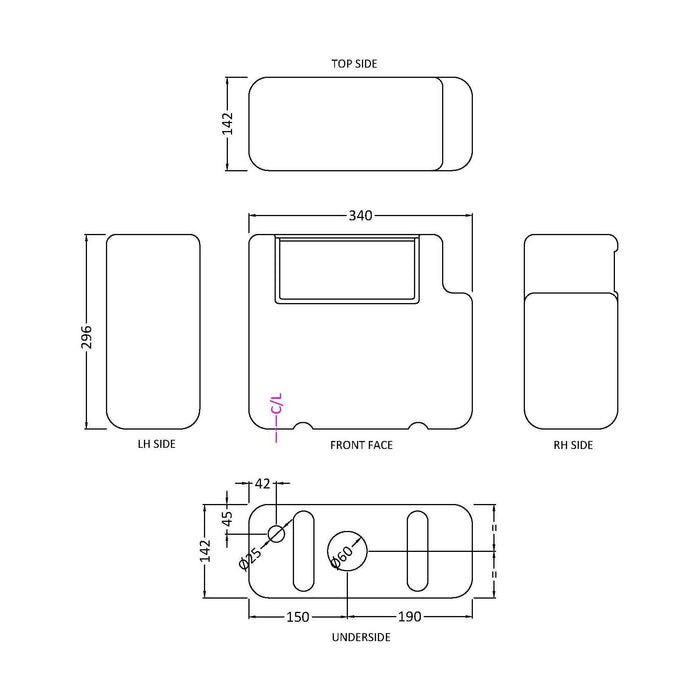 [BACC008B] Balterley Modern Universal Water Saving Dual Flush Bottom Inlet with Round Push Button - Chrome - Technical Drawing