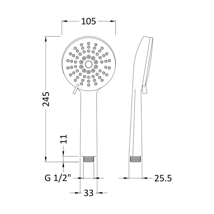 [BSHS002] Balterley Multi Function Water Saving Shower Handset - Chrome - Technical Drawing