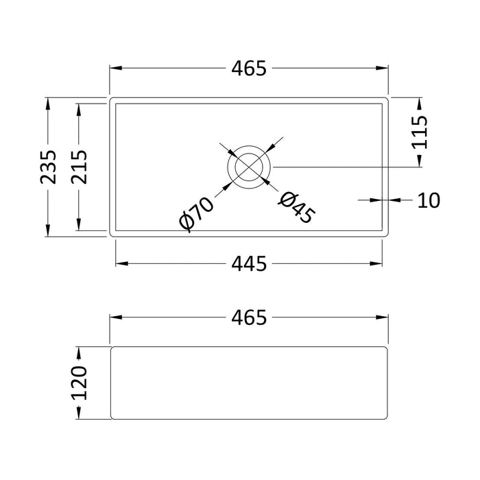 [BCCT180] Balterley Nova Contemporary Rectangular Bathroom Countertop Basin, Soft Square Design, White, 465 mm - Technical Drawing