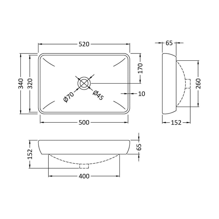 [BCCT181] Balterley Nova Contemporary Rectangular Bathroom Countertop Basin, Soft Square Design, White, 520 mm - Technical Drawing
