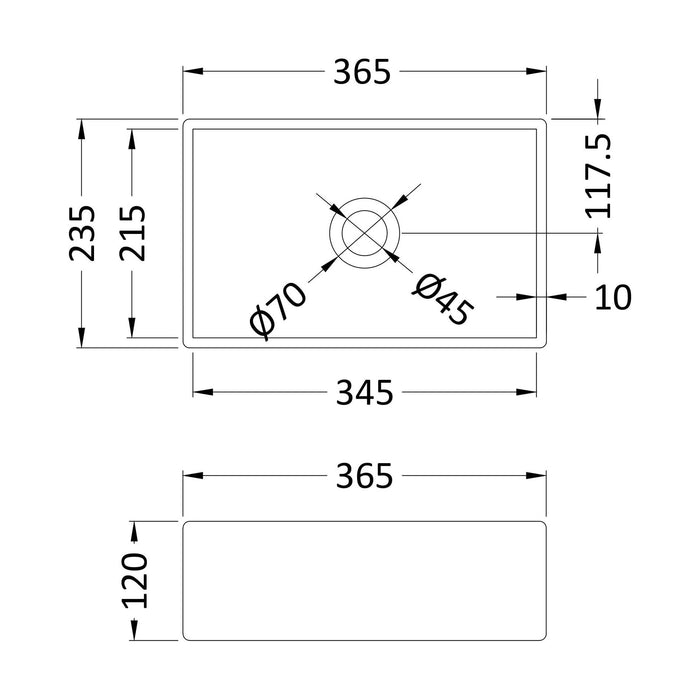 [BCCT179] Balterley Nova Rectangular Bathroom Countertop Basin, Contemporary Style, Soft Square Design, White, 365 mm - Technical Drawing