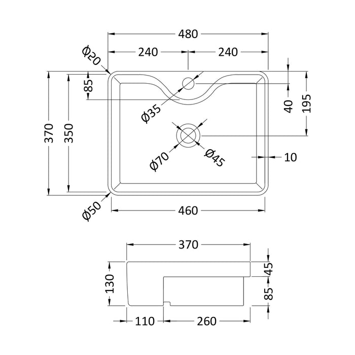 [BCSR174] Balterley Nove Semi-Recessed Bathroom Basin, Contemporary Style, Soft Square Design, White, 480 mm - Technical Drawing