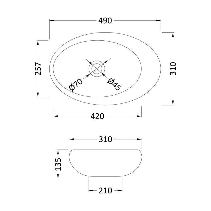 [BCCT168] Balterley Oval Bathroom Countertop Basin, White, Contemporary Style, Sleek Rounded Design, 490 mm - Technical Drawing