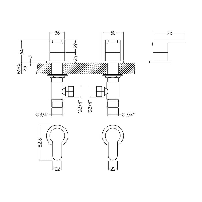 [BTPR308] Balterley Pride Contemporary Round Deck Mounted 3/4" Side Valves - Chrome - Technical Drawing