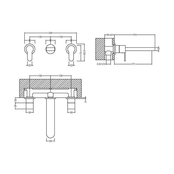 [BTPR317] Balterley Pride Contemporary Round Wall Mount 3 Tap Hole Basin Mixer Tap - Chrome - Technical Drawing
