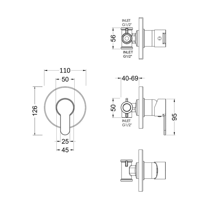 [BSPRMV10] Balterley Pride Round Concealed Manual Shower Valve 1 Outlet - Chrome - Technical Drawing