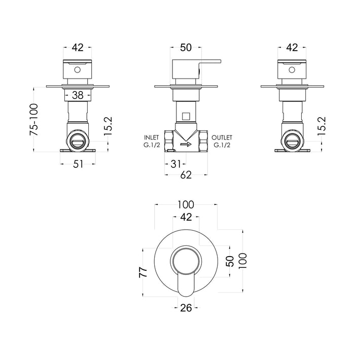 [BSPRST10] Balterley Pride Round Concealed Shower Stop Tap - Chrome - Technical Drawing