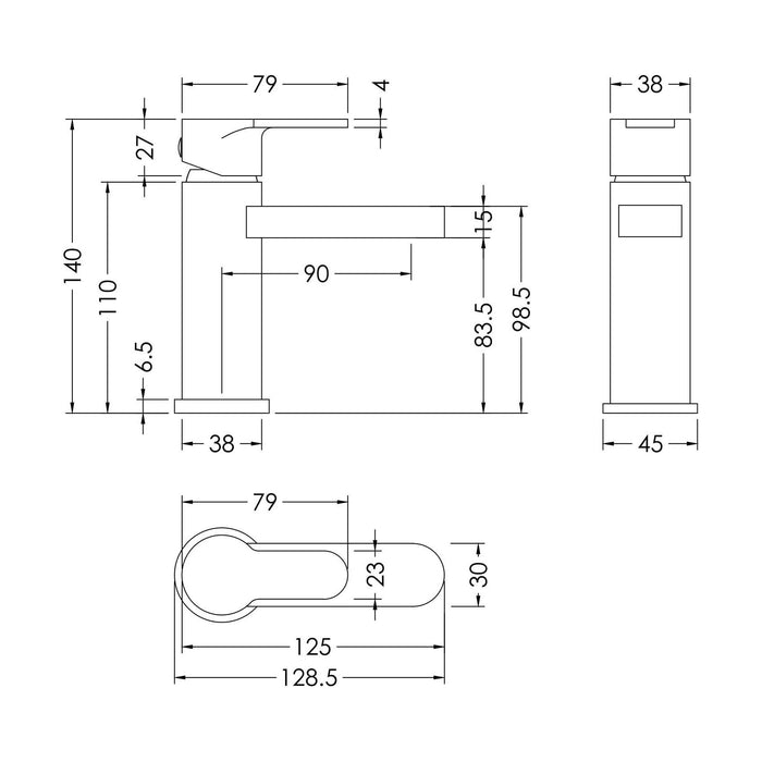 [BTPR315] Balterley Pride Round Mini Mono Basin Mixer Bathroom Sink Tap with Push Button Waste - Chrome - Technical Drawing
