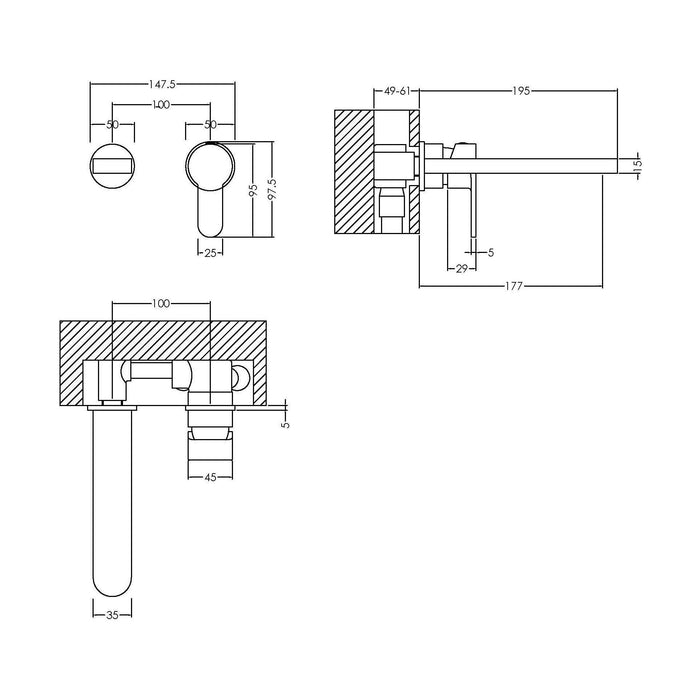 [BTPR381] Balterley Pride Round Wall Mount 2 Tap Hole Bathroom Basin Mixer Tap - Chrome - Technical Drawing