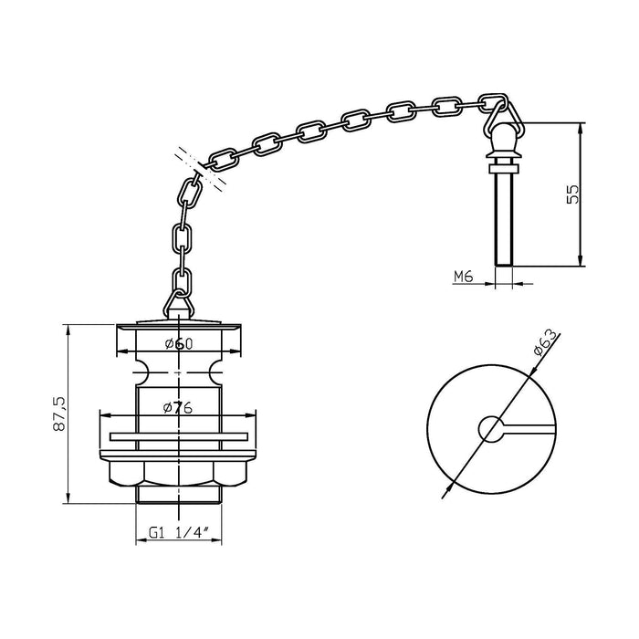 [BASW353] Balterley Round Basin Waste with Brass Plug and Link Chain, Slotted for Overflow - Chrome Finish - Technical Drawing